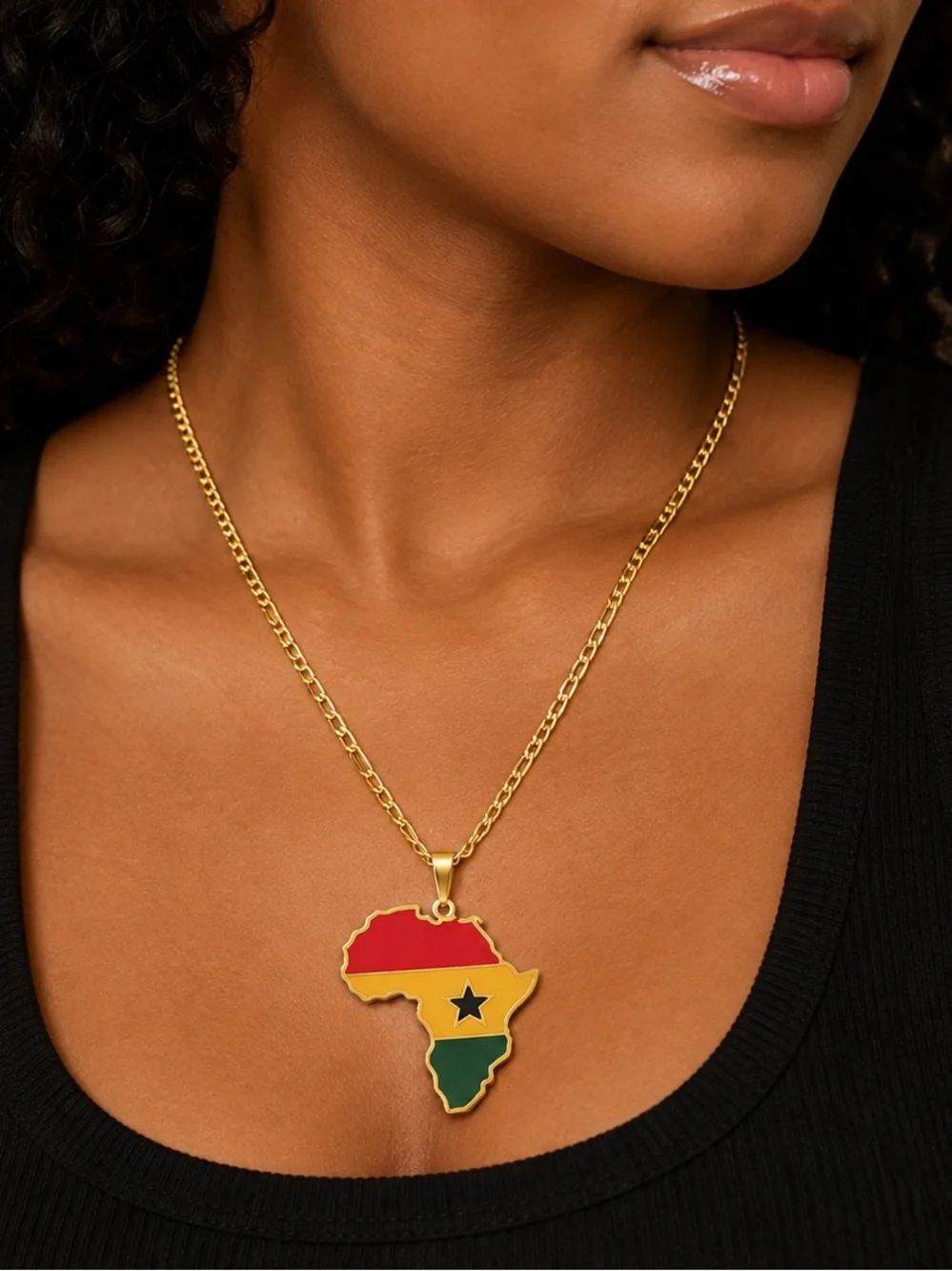 Gold Africa Map Pendant Necklace with Red, Yellow & Green Inlay